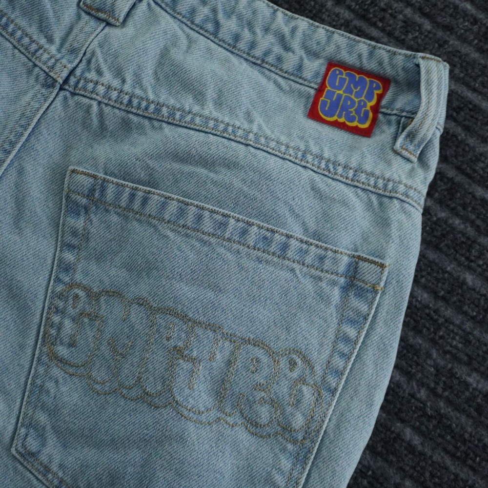 Empyre Denim Shorts Mens 28 Light Blue Baggy Raw Hem Embroidered Skate Jorts - Picture 12 of 15
